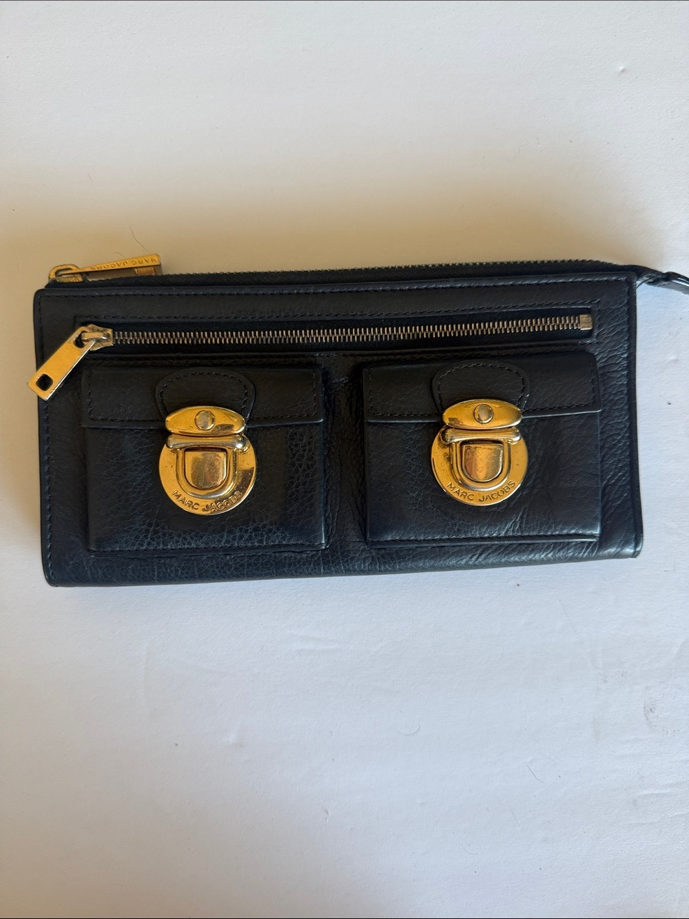 Marc Jacobs Black Leather Wallet with Gold Turn-Lock Front Pockets